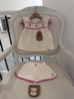 🤍 24 Mth Organic Cotton Ivory~Cream Embroidered Cross Stitch Baby Outfit NWT
